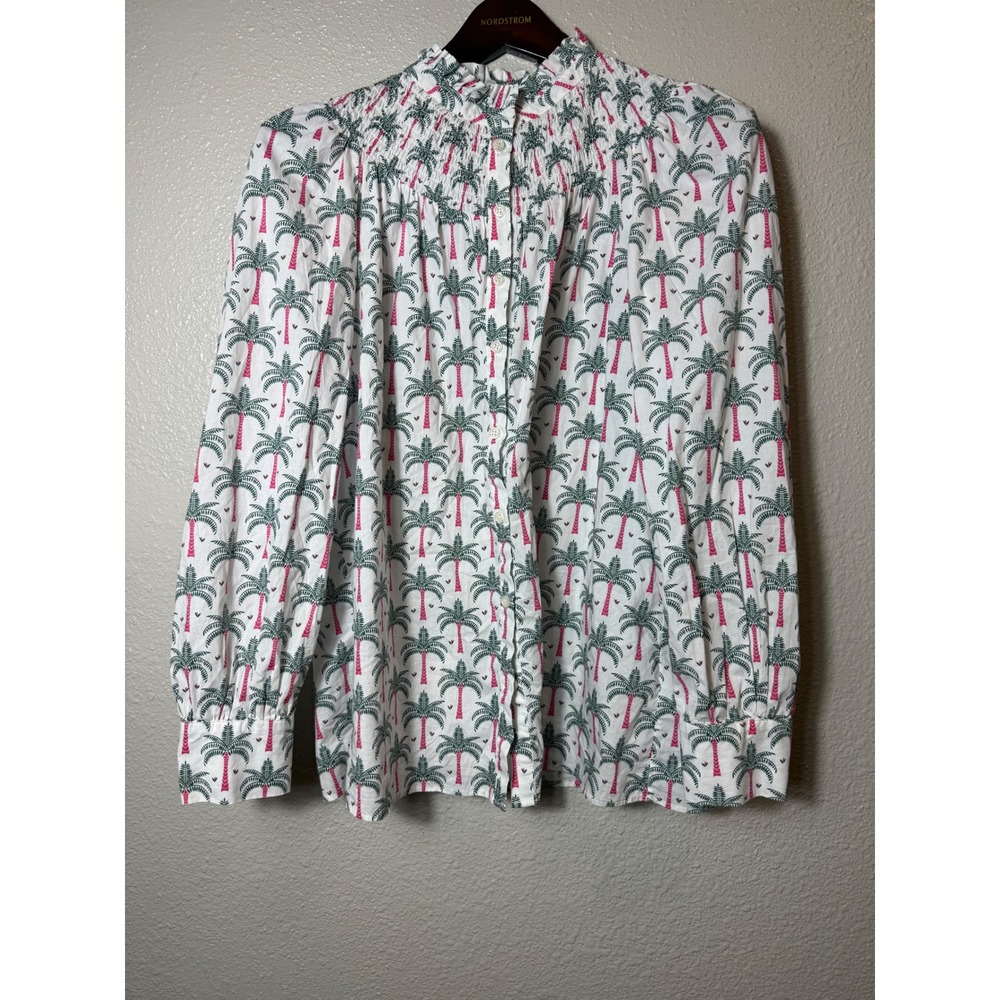 Boden T0920 Curved Yoke Smocked Palm Tree Print Blouse Button Front Size 10